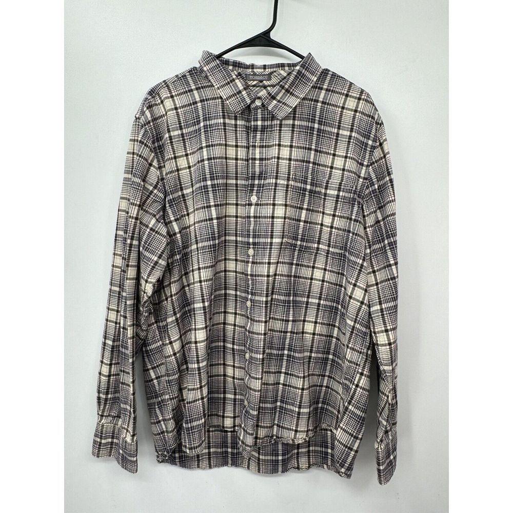 Toad&Co XL‎ Button Up Shirt Mens Cream Brown Plaid Long Sleeve Outdoor Casual